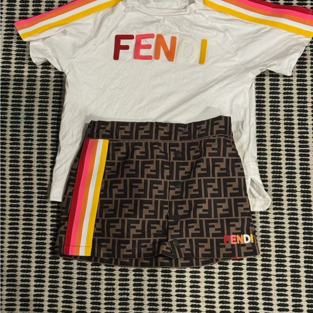 Fendi Kids White Tee and Brown Logo Shorts Set